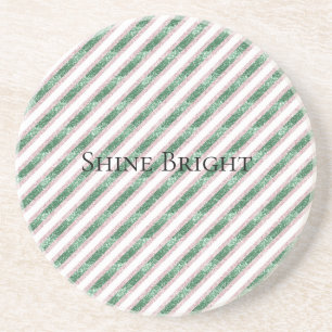 Blush Pink Green Glitter Stripes Christmas Coaster