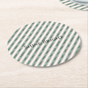 Blush Pink Green Glitter Stripes Christmas Round Paper Coaster