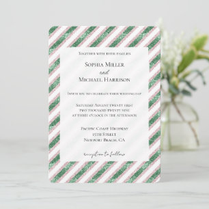 Blush Pink Green Glitzy Glam Chic Stripes Wedding Invitation
