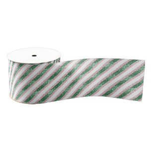 Blush Pink Green Glitzy Glitter Stripes Christmas Grosgrain Ribbon