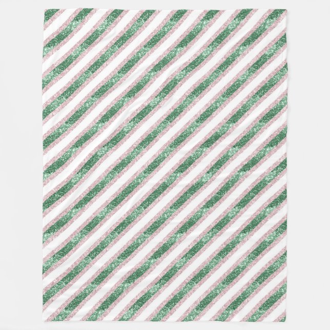 Blush Pink Green Glitzy Stripes Christmas Fleece Blanket (Front)