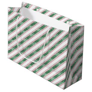 Blush Pink Green Glitzy Stripes Christmas Large Gift Bag
