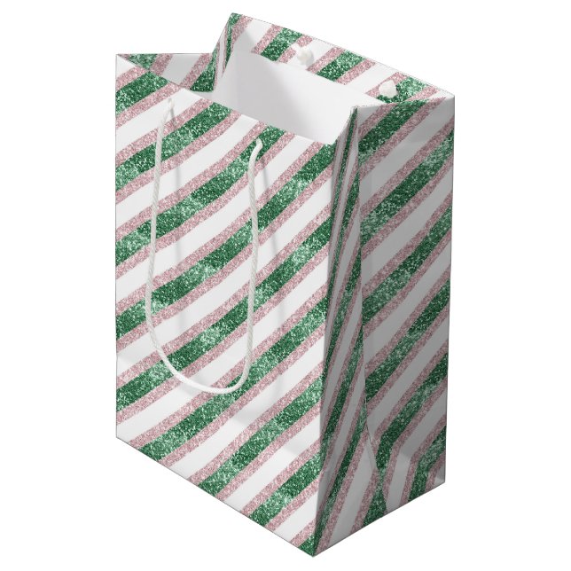 Blush Pink Green Glitzy Stripes Christmas Medium Gift Bag (Front Angled)