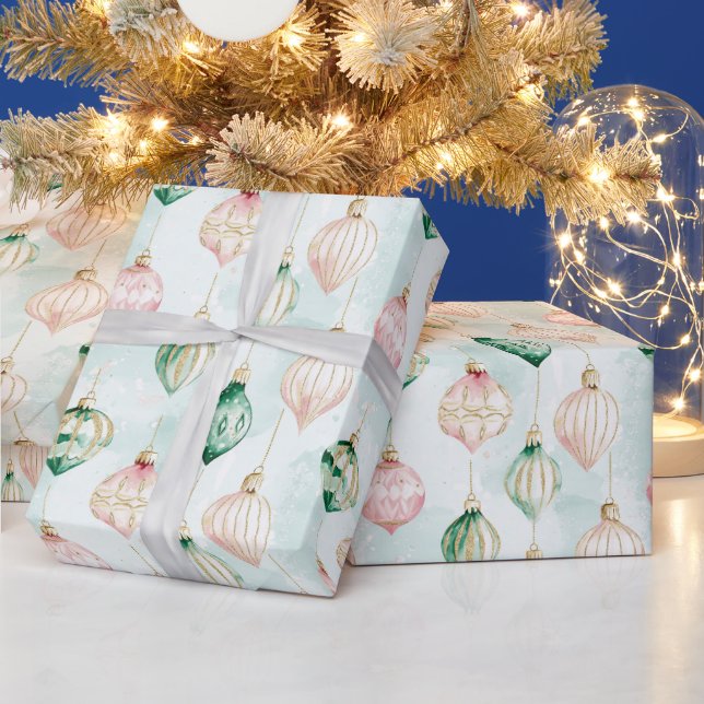 Blush Pink Green Ornaments Christmas Wrapping Paper (Holidays)