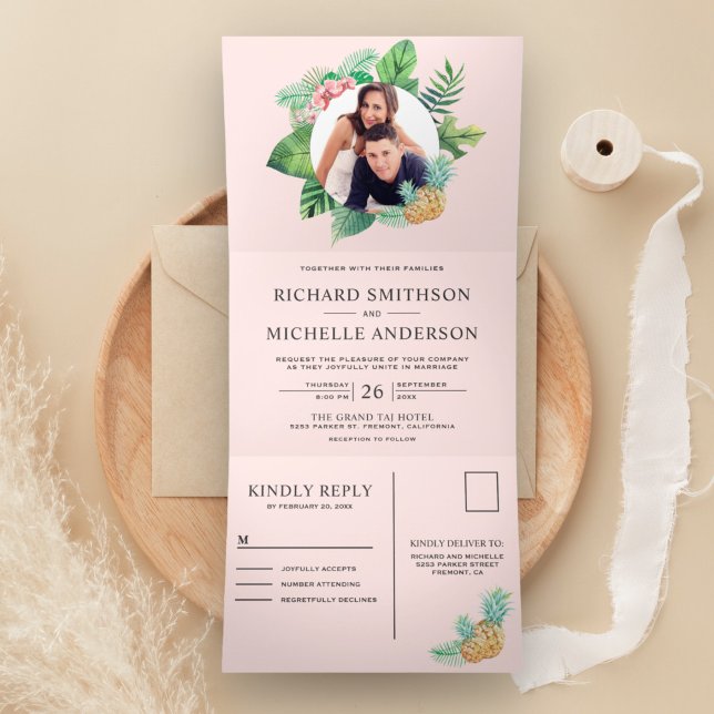 Blush Pink Green Palm Leaves Wreath Photo Wedding Tri-Fold Invitation (Creator Uploaded)