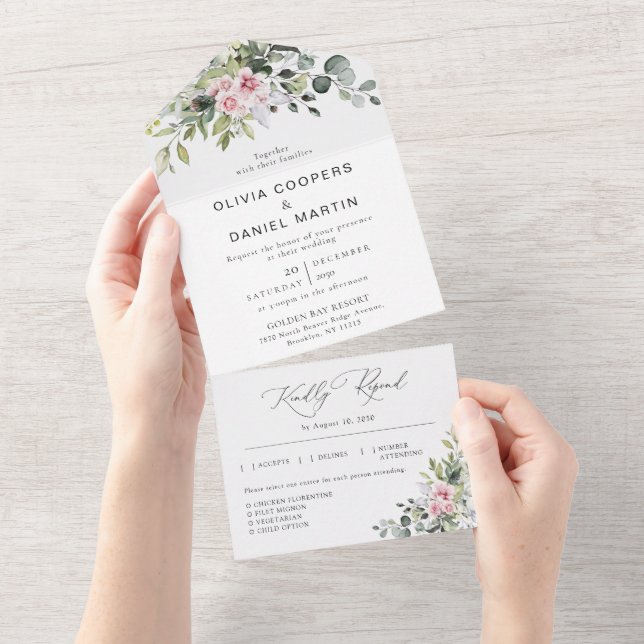 Blush Pink Greenery All in One Wedding Invite (Tearaway)
