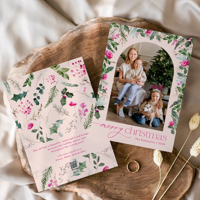 Blush Pink & Greenery Arch Merry Christmas Photo Holiday Card (Creator Uploaded)