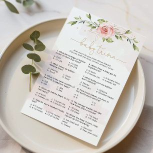 Blush pink greenery baby trivia game