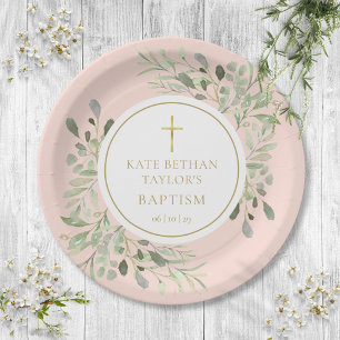 Blush Pink Greenery Baptism Christening Paper Plate