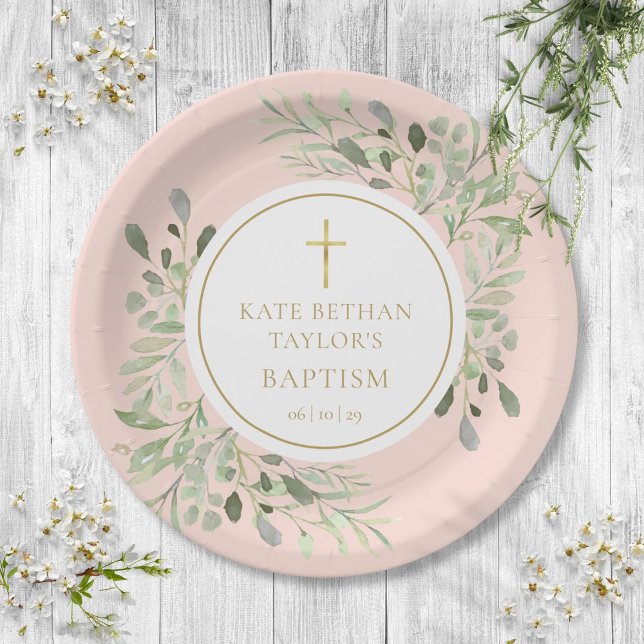 Blush Pink Greenery Baptism Christening Paper Plate (Blush Pink Greenery Baptism Christening Paper Plates)