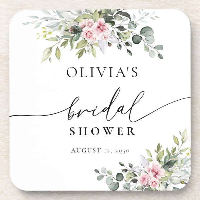 Blush Pink Greenery Bridal Shower Beverage Coaster (Front)