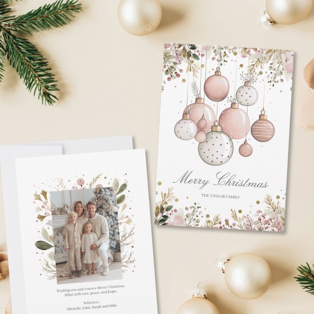Blush Pink Greenery Christmas Family Photo Holiday Card (pale green and blush pink christmass greenery photo card)