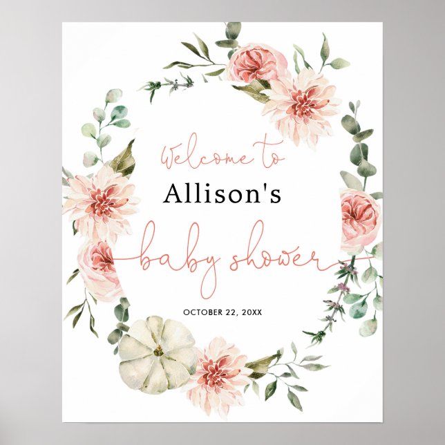 Blush pink greenery fall baby shower welcome sign (Front)