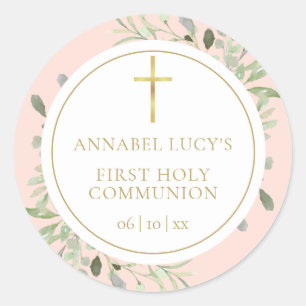 Blush Pink Greenery First Holy Communion Classic Round Sticker