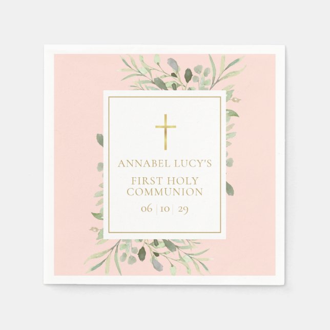 Blush Pink Greenery First Holy Communion Napkin (Front)