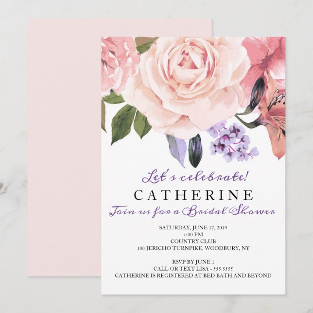 Blush Pink & Greenery Floral Bridal Shower Invitation (Front/Back)
