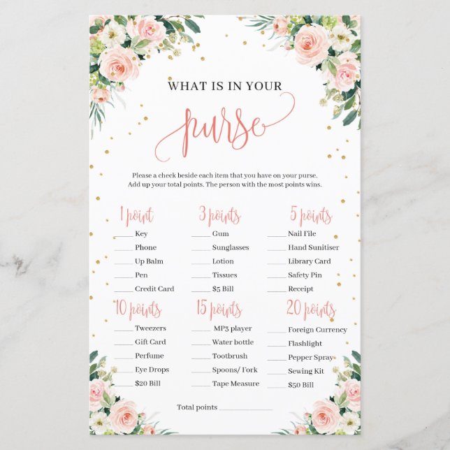 Blush pink greenery gold baby shower purse game (Front)