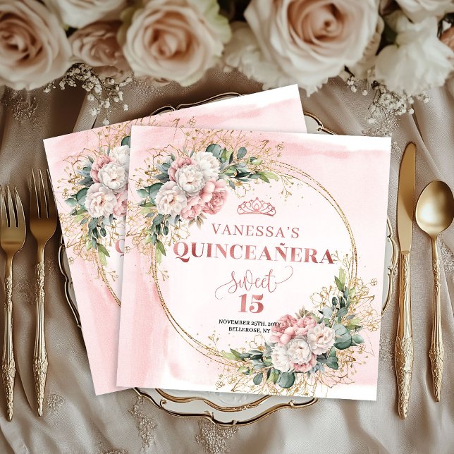 Blush Pink Greenery Quinceañera Party Napkins (Blush Pink Greenery Quinceañera Party Napkin Design)