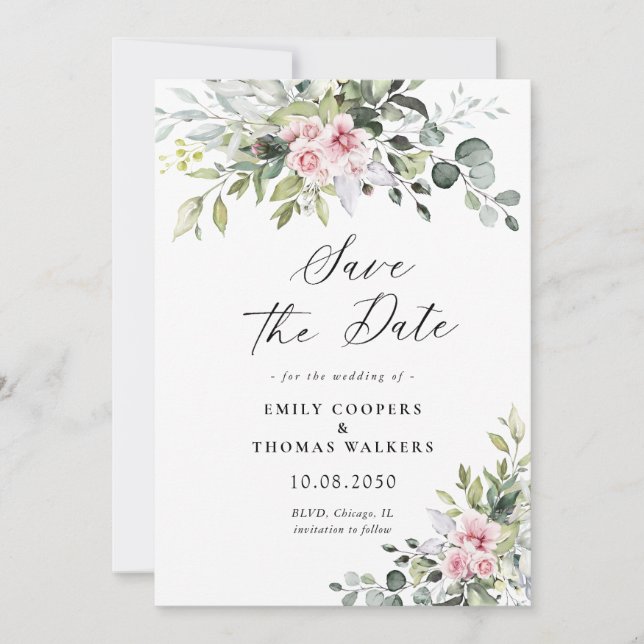 Blush Pink Greenery Save the Date Invitation (Front)