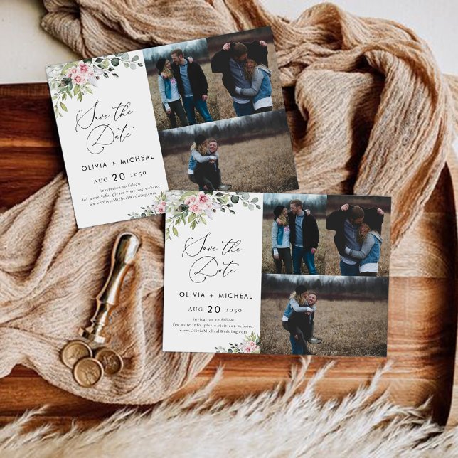 Blush Pink Greenery Save The Date with Photo Card (Creator Uploaded)