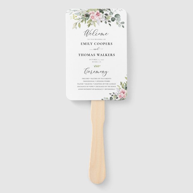 Blush Pink Greenery Wedding Program Hand Fan (Front)
