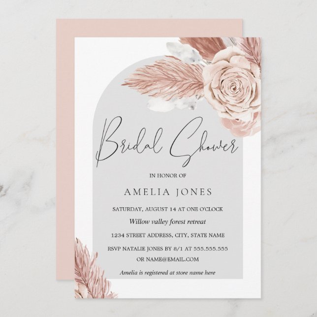 Blush Pink Grey Boho Flowers Arch Bridal Shower Invitation (Front/Back)