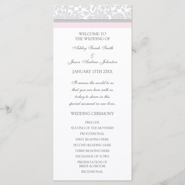Blush Pink Grey Damask Wedding Program (Front)