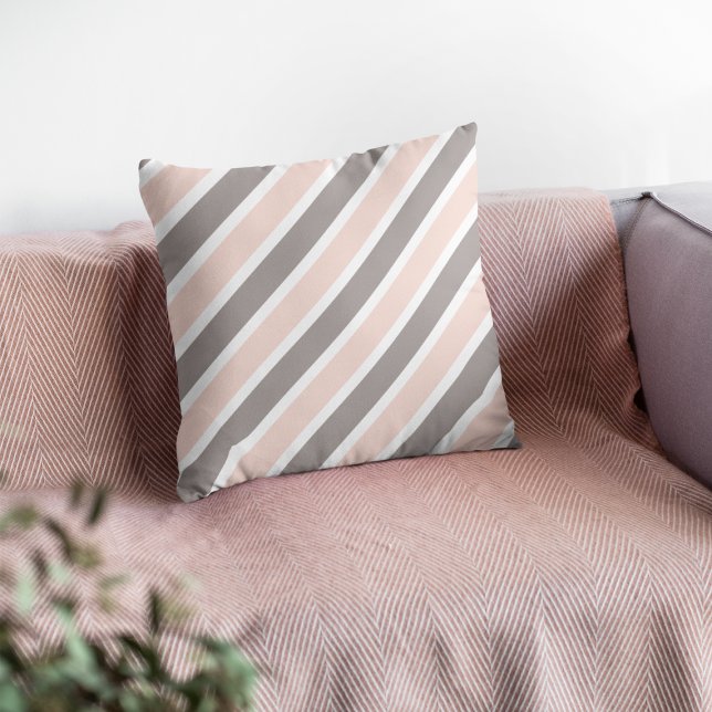 Blush Pink Grey Diagonal Stripes Throw Pillow (Creator Uploaded)