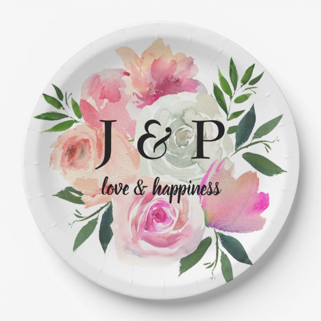 Blush Pink & Grey Floral Botanical Monogram Paper Plate (Front)