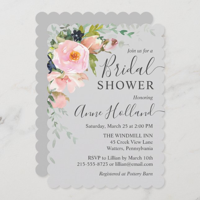 Blush Pink & Grey Floral Bouquet Bridal Shower Invitation (Front/Back)