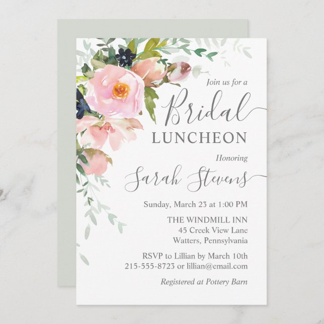 Blush Pink & Grey Floral Bridal Luncheon Invitation (Front/Back)