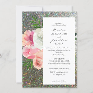 Blush Pink Grey Floral & Silver Glitter Wedding 2 Invitation