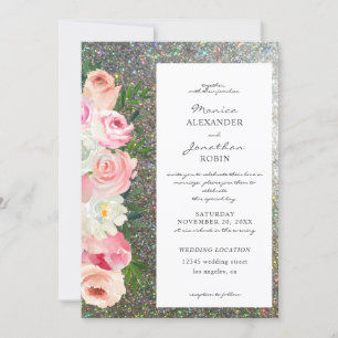 Blush Pink & Grey Floral & Silver Glitter Wedding Invitation