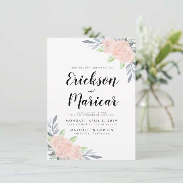 Blush Pink & Grey Floral | Wedding Invitation (Standing Front)