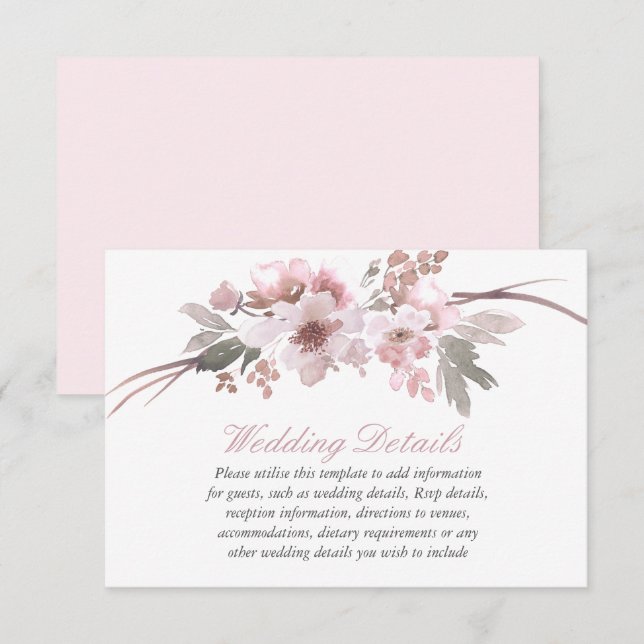 Blush Pink & Grey Floral Wedding Reception Details Invitation (Front/Back)