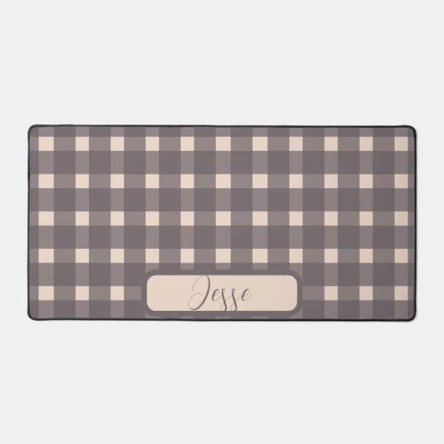 Blush Pink Grey Gingham Pattern Desk Mat (Front)