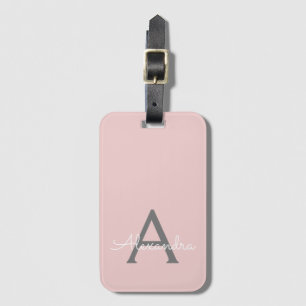 Blush Pink Grey Girly Script Monogram Name Modern Luggage Tag