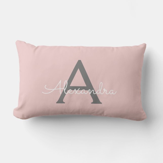 Blush Pink Grey Girly Script Monogram Name Modern Lumbar Cushion (Front)
