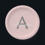 Blush Pink Grey Girly Script Monogram Name Modern Paper Plate<br><div class="desc">Blush Pink and Grey Monogram Add Your Own Name Script Party Plates. This makes the perfect sweet 16 birthday,  wedding,  bridal shower,  anniversary,  baby shower or bachelorette party gift for someone that loves glam luxury and chic styles.</div>