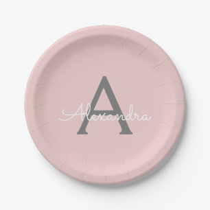 Blush Pink Grey Girly Script Monogram Name Modern Paper Plate