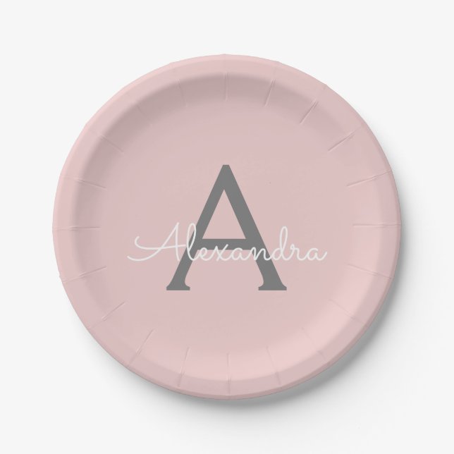 Blush Pink Grey Girly Script Monogram Name Modern Paper Plate (Front)