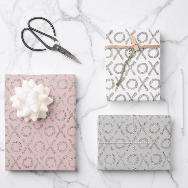 Blush Pink Grey Glitzy Silver XOXO   Wrapping Paper Sheet (Front)