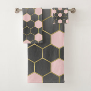 Blush Pink Grey & Gold Hexagon Modern Glam Bath Towel Set