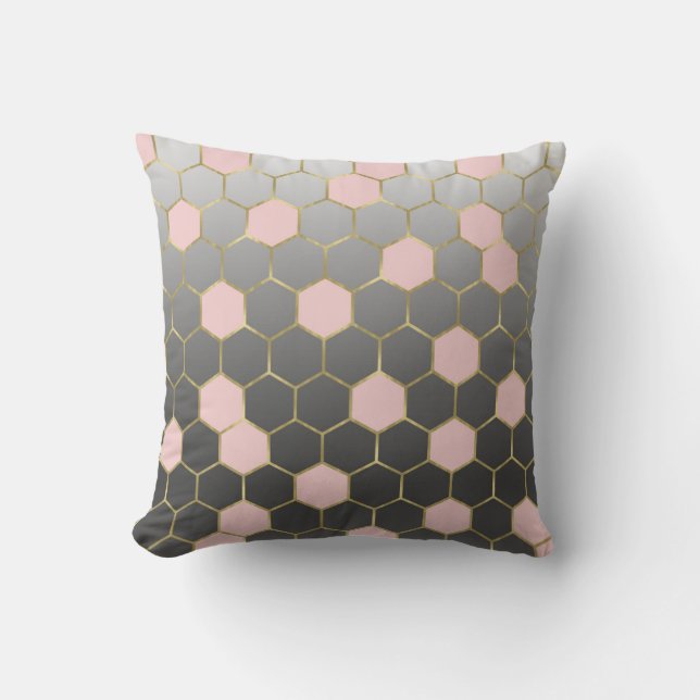 Blush Pink Grey & Gold Hexagon Modern Glam Cushion (Front)