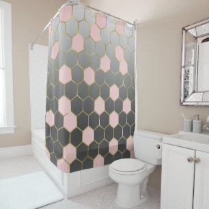 Blush Pink Grey & Gold Hexagon Modern Glam Shower Curtain