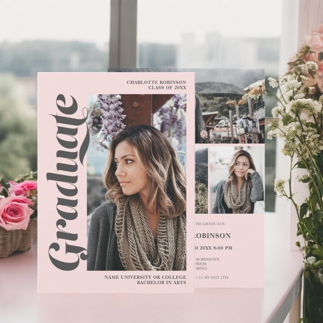 Blush pink grey graduate script photo graduation invitation (Blush pink gray graduate script photo graduation invitation)