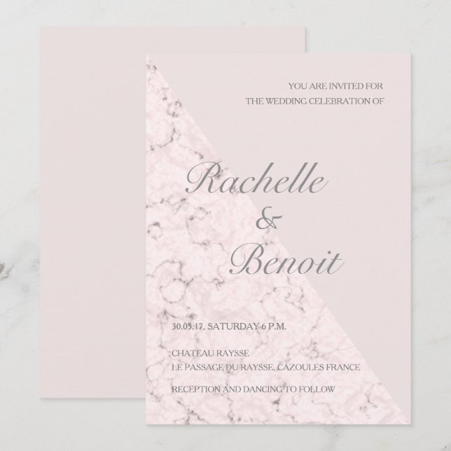 Blush pink grey marble elegant modern wedding invitation (Front/Back)
