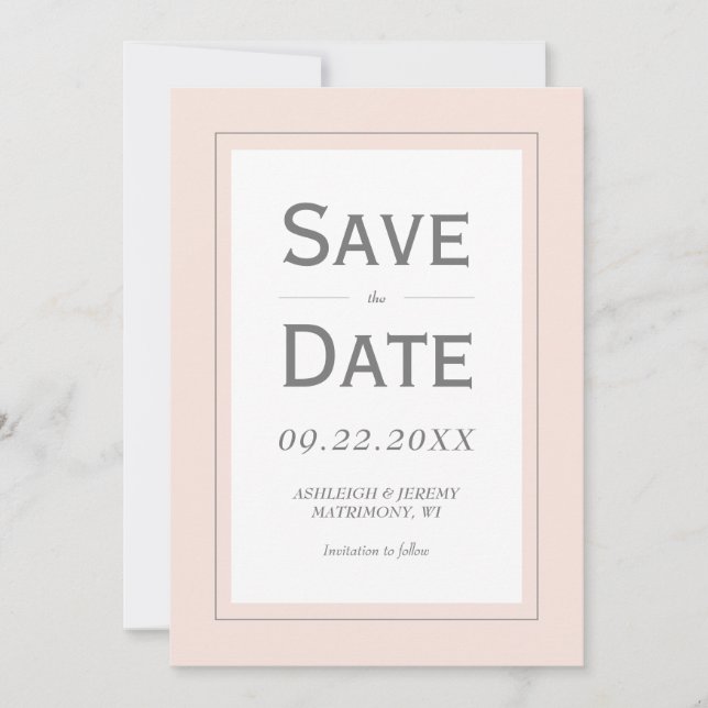 Blush Pink Grey Modern Minimalist Vertical Save The Date (Front)