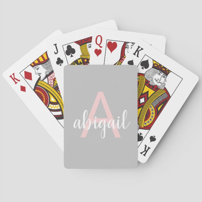 Blush Pink Grey Modern Monogram Name and Initial Playing Cards (Back)