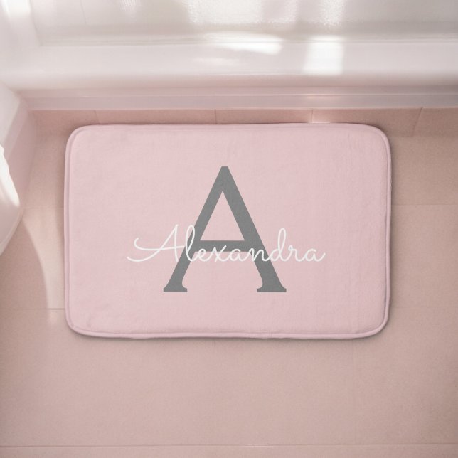 Blush Pink Grey Modern Script Girly Monogram Name Bath Mat (Creator Uploaded)